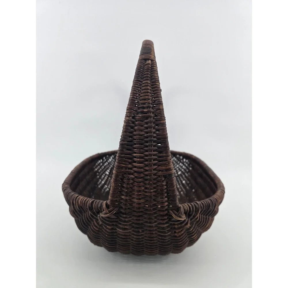 Vintage Dark Brown Woven Wicker Basket with Handle Oval Decorative Storage